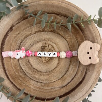 Attache tétine fantaisie licorne et rose framboise