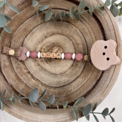 Attache tétine fantaisie feuille romantique et vieux rose